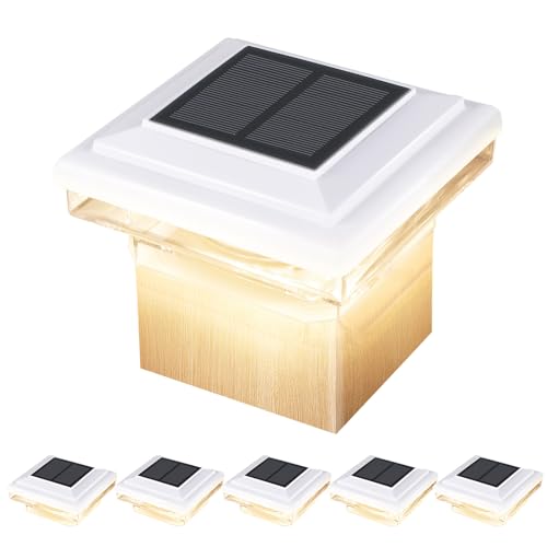 CEED4U Solar Post Cap Lights 6 Packs 30 Lumen Decorative Deck Post Cap Light Brightness Warm White SMD LED Lighting IP65 Waterproof Fit 4x4 5x5 or 6x6 Wooden Vinyl Posts for Fence Deck Patio White