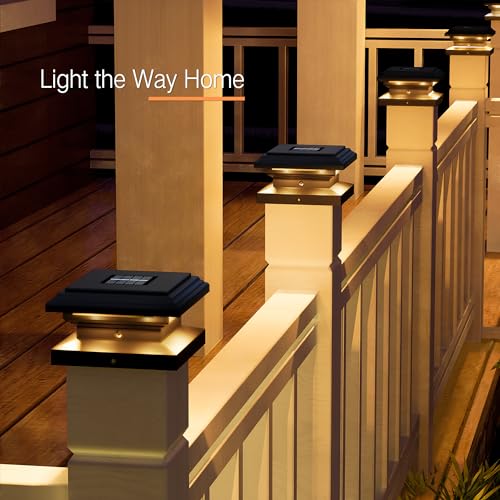 Brizled Solar Post Lights, 6 Pack 12 LEDs Solar Powered Deck Fence Cap Lights Fit 4x4 5x5 6x6 Wooden/PVC/Vinyl Posts, Warm White Solar Post Cap Lights Outdoor Waterproof for Deck Patio Garden, Black