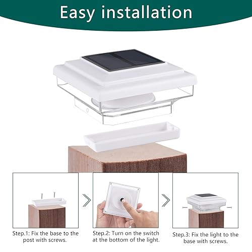 CEED4U Solar Post Cap Lights 6 Packs 30 Lumen Decorative Deck Post Cap Light Brightness Warm White SMD LED Lighting IP65 Waterproof Fit 4x4 5x5 or 6x6 Wooden Vinyl Posts for Fence Deck Patio White