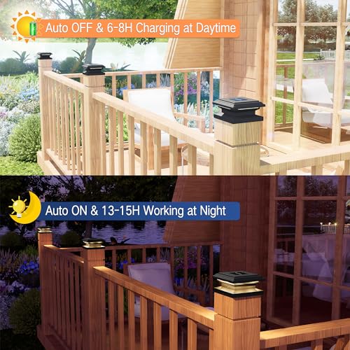 Brizled Solar Post Lights, 6 Pack 12 LEDs Solar Powered Deck Fence Cap Lights Fit 4x4 5x5 6x6 Wooden/PVC/Vinyl Posts, Warm White Solar Post Cap Lights Outdoor Waterproof for Deck Patio Garden, Black