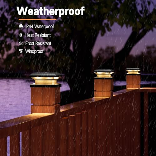 Brizled Solar Post Lights, 6 Pack 12 LEDs Solar Powered Deck Fence Cap Lights Fit 4x4 5x5 6x6 Wooden/PVC/Vinyl Posts, Warm White Solar Post Cap Lights Outdoor Waterproof for Deck Patio Garden, Black