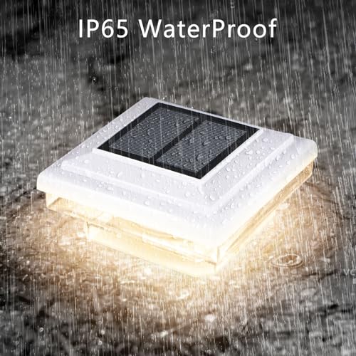 CEED4U Solar Post Cap Lights 6 Packs 30 Lumen Decorative Deck Post Cap Light Brightness Warm White SMD LED Lighting IP65 Waterproof Fit 4x4 5x5 or 6x6 Wooden Vinyl Posts for Fence Deck Patio White
