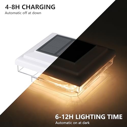 CEED4U Solar Post Cap Lights 6 Packs 30 Lumen Decorative Deck Post Cap Light Brightness Warm White SMD LED Lighting IP65 Waterproof Fit 4x4 5x5 or 6x6 Wooden Vinyl Posts for Fence Deck Patio White
