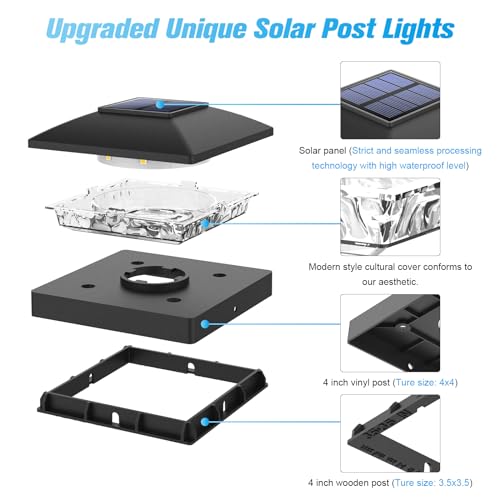 VOLISUN 4x4 Solar Post Cap Light 12pack,Solar Fence - Post Lights Outdoor Waterproof for Wooden/Vinyl Post, Black Deck Post Cap Light Solar Powered with Warm White for Garden/Patio/Porch