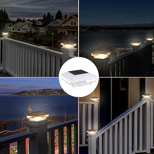 CEED4U Solar Post Cap Lights 6 Packs 30 Lumen Decorative Deck Post Cap Light Brightness Warm White SMD LED Lighting IP65 Waterproof Fit 4x4 5x5 or 6x6 Wooden Vinyl Posts for Fence Deck Patio White