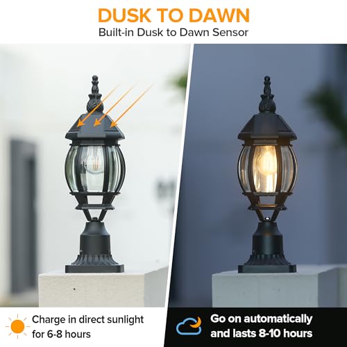 LUTEC Solar Post Light with Pier Mount Base, Dusk to Dawn Aluminium Solar Lamp Post Light, Exterior Black Solar Powered Fence Post Light Waterproof for Outside