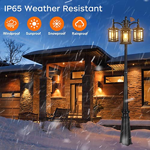 PARTPHONER Dusk to Dawn Outdoor Lamp Post Lights, Black Light Pole with Clear Glass Panels (3 LED Bulbs Included), 3-Head Hardwired Waterproof Outside Street Lights for Backyard Garden Driveway