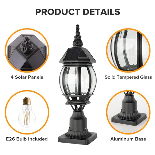 LUTEC Solar Post Light with Pier Mount Base, Dusk to Dawn Aluminium Solar Lamp Post Light, Exterior Black Solar Powered Fence Post Light Waterproof for Outside