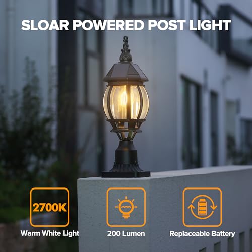 LUTEC Solar Post Light with Pier Mount Base, Dusk to Dawn Aluminium Solar Lamp Post Light, Exterior Black Solar Powered Fence Post Light Waterproof for Outside