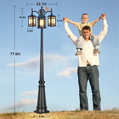 PARTPHONER Dusk to Dawn Outdoor Lamp Post Lights, Black Light Pole with Clear Glass Panels (3 LED Bulbs Included), 3-Head Hardwired Waterproof Outside Street Lights for Backyard Garden Driveway