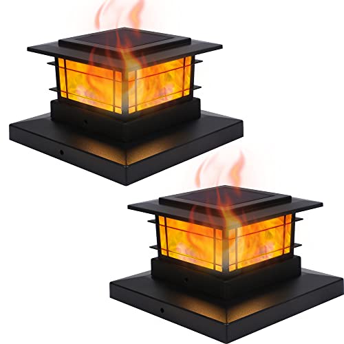 Dynaming 2 Pack Solar Flame Post Lights Outdoor, Solar Powered Fence Post Cap Lights, High Brightness Flickering Flame SMD LED Lighting Decor for Garden Deck Patio, 4x4, 5x5 or 6x6 Vinyl/Wooden Posts