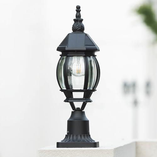 LUTEC Solar Post Light with Pier Mount Base, Dusk to Dawn Aluminium Solar Lamp Post Light, Exterior Black Solar Powered Fence Post Light Waterproof for Outside