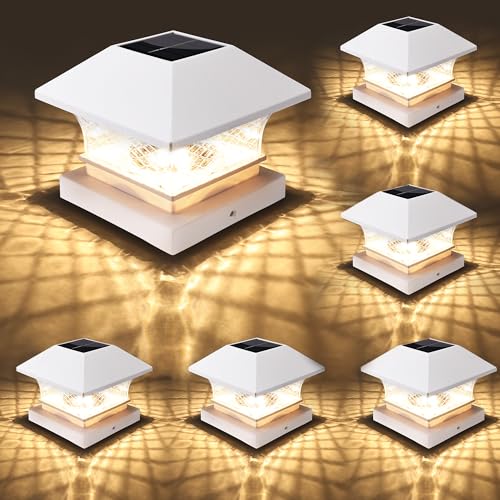 Brizled 6 Pack Warm White Solar Post Cap Lights, Wooden PVC/Vinyl Fence Top Solar Lights Fit 3.5x3.5 4x4 4.5x4.5 5x5, Outdoor Solar Post Lights Decoration for Wooden Posts Deck Patio Graden, White