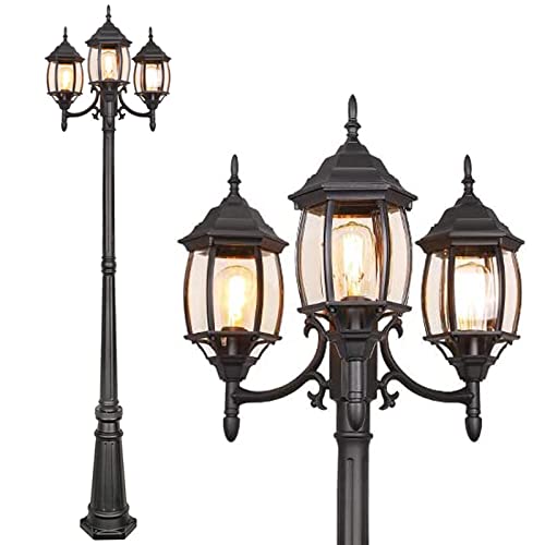 Hykolity Outdoor Patio Black 3-Headed Post Light, 7.1ft x 1.8ft, Weather Resistant Aluminum, E26/Medium Base 60W Bulbs Not Included