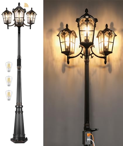 Black Roman Dusk to Dawn Outdoor Lamp Post with GFCI Outlet, Triple Head Aluminum Street Light Post for Outside, Waterproof Pole Lighting Fixture with Water Glass for Backyard Garden Patio Driveway