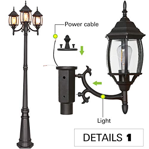 Hykolity Outdoor Patio Black 3-Headed Post Light, 7.1ft x 1.8ft, Weather Resistant Aluminum, E26/Medium Base 60W Bulbs Not Included