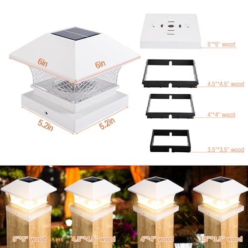 Brizled 6 Pack Warm White Solar Post Cap Lights, Wooden PVC/Vinyl Fence Top Solar Lights Fit 3.5x3.5 4x4 4.5x4.5 5x5, Outdoor Solar Post Lights Decoration for Wooden Posts Deck Patio Graden, White