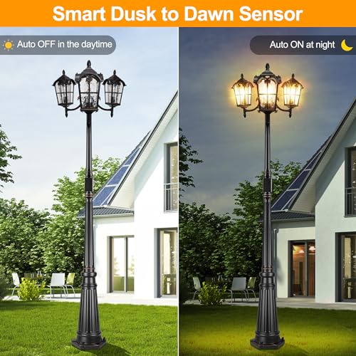 Black Roman Dusk to Dawn Outdoor Lamp Post with GFCI Outlet, Triple Head Aluminum Street Light Post for Outside, Waterproof Pole Lighting Fixture with Water Glass for Backyard Garden Patio Driveway
