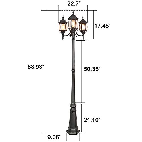 Hykolity Outdoor Patio Black 3-Headed Post Light, 7.1ft x 1.8ft, Weather Resistant Aluminum, E26/Medium Base 60W Bulbs Not Included