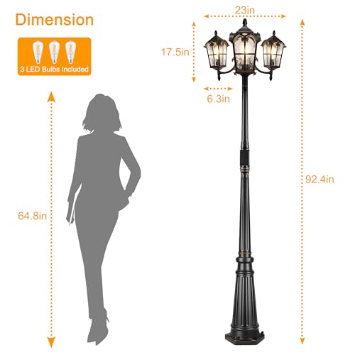 Black Roman Dusk to Dawn Outdoor Lamp Post with GFCI Outlet, Triple Head Aluminum Street Light Post for Outside, Waterproof Pole Lighting Fixture with Water Glass for Backyard Garden Patio Driveway