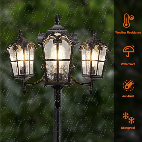 Black Roman Dusk to Dawn Outdoor Lamp Post with GFCI Outlet, Triple Head Aluminum Street Light Post for Outside, Waterproof Pole Lighting Fixture with Water Glass for Backyard Garden Patio Driveway