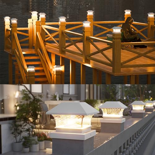 Brizled 6 Pack Warm White Solar Post Cap Lights, Wooden PVC/Vinyl Fence Top Solar Lights Fit 3.5x3.5 4x4 4.5x4.5 5x5, Outdoor Solar Post Lights Decoration for Wooden Posts Deck Patio Graden, White
