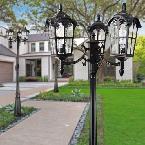 Black Roman Dusk to Dawn Outdoor Lamp Post with GFCI Outlet, Triple Head Aluminum Street Light Post for Outside, Waterproof Pole Lighting Fixture with Water Glass for Backyard Garden Patio Driveway