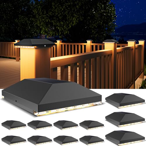 VOLISUN 4x4 Solar Post Cap Light Outdoor Waterproof 12pack,Solar Fence - Post Lights for 4x4 Wooden/Vinyl Post,Black Deck Post Cap Light Solar Powered for Garden/Patio/Porch