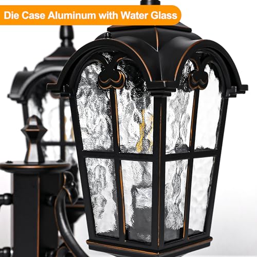 Black Roman Dusk to Dawn Outdoor Lamp Post with GFCI Outlet, Triple Head Aluminum Street Light Post for Outside, Waterproof Pole Lighting Fixture with Water Glass for Backyard Garden Patio Driveway