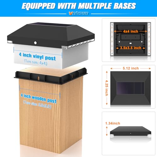 VOLISUN 4x4 Solar Post Cap Light Outdoor Waterproof 12pack,Solar Fence - Post Lights for 4x4 Wooden/Vinyl Post,Black Deck Post Cap Light Solar Powered for Garden/Patio/Porch