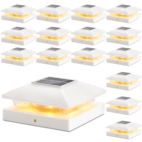Solar Post Cap Lights Outdoor 16pack, White Waterproof Solar Powered Deck Fence Post Lights Fit 4x4 Wood/Vinyl Posts, Bright Warm White Solar Post Lights Decorate Deck, Patio, Porch, Fence