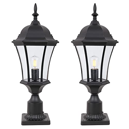 GOALPLUS 24" Aluminum Outdoor Post Light with 3" Fitter Base for Post Pole Mount, 2 Pack Black Exterior Pole Lantern Lights with Seeded Glass, Large Outside Post Lamp for Yard Garden