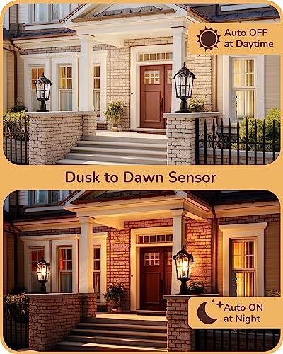 EDISHINE Large Size Dusk to Dawn Outdoor Post Light, 21.9'' H Pole Light Fixture with Pier Mount Base, Waterproof Exterior Lamp Post Lantern Head for Yard, Driveway, Fence, Black