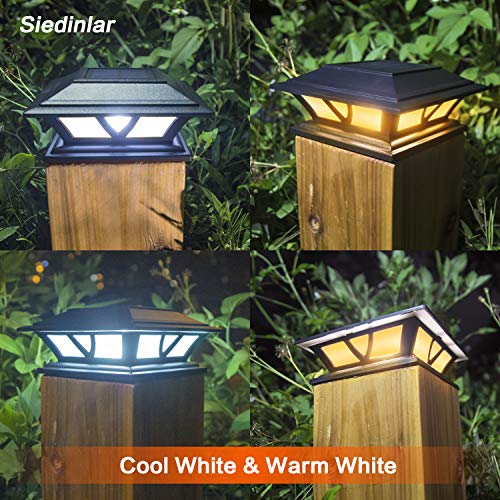 SIEDiNLAR Solar Post Lights Outdoor 2 Modes LED Deck Fence Cap Light for 4x4 5x5 6x6 Posts Patio Garden Decoration Warm White/Cool White Lighting Black (2 Pack)