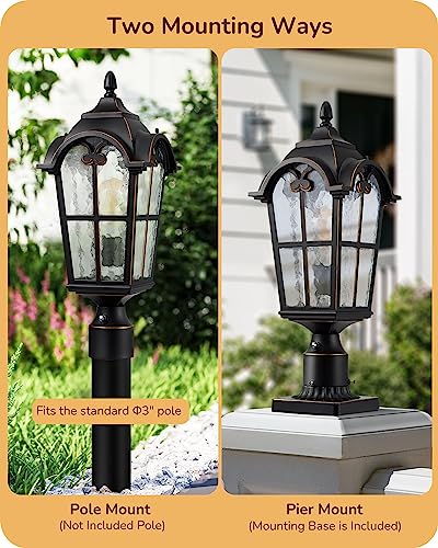 EDISHINE Large Size Dusk to Dawn Outdoor Post Light, 21.9'' H Pole Light Fixture with Pier Mount Base, Waterproof Exterior Lamp Post Lantern Head for Yard, Driveway, Fence, Black