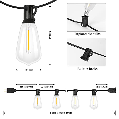 Brightever LED Outdoor String Lights 100FT Patio Lights with 52 Shatterproof ST38 Vintage Edison Bulbs, Outside Hanging Lights Waterproof for Porch, Deck, Garden, Backyard, Balcony, 2700K Dimmable
