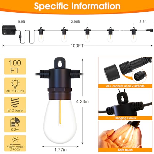 Outdoor String Lights with Remote - Dimmable 100FT IP65 Waterproof Patio Lights with Edison Bulbs Hanging Lights Outside for Backyard Garden Porch Deck Balcony