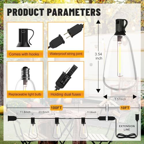 Oviviam 100FT LED Outdoor String Lights, Patio Deck Lights with 50+4 Shatterproof ST38 Edison Bulbs, Dimmable Warm White Waterproof Outside Hanging Lights Connectable for Yard Backyard Porch Garden