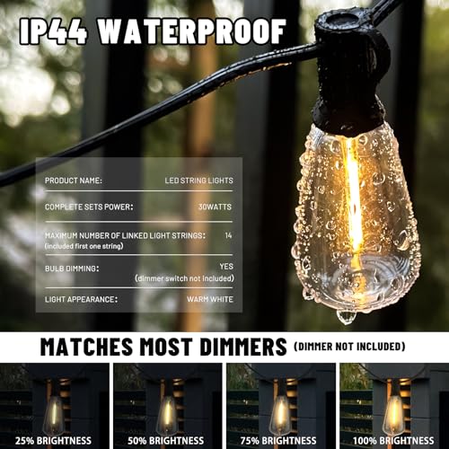 Oviviam 100FT LED Outdoor String Lights, Patio Deck Lights with 50+4 Shatterproof ST38 Edison Bulbs, Dimmable Warm White Waterproof Outside Hanging Lights Connectable for Yard Backyard Porch Garden