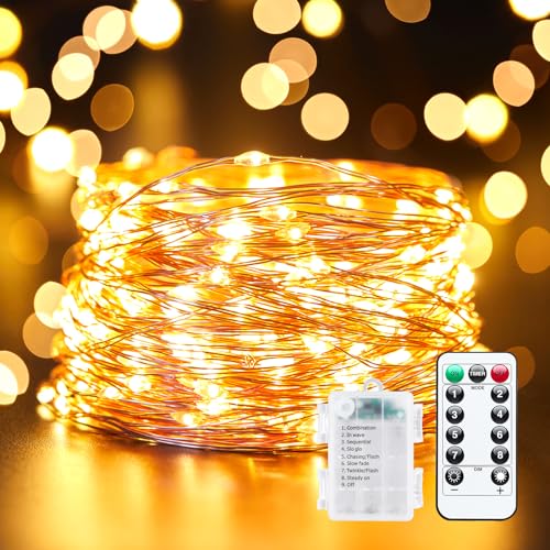 33Ft 100 LED Outdoor String Lights, Warm White Fairy Lights Battery Operated with Remote, Waterproof Twinkle Lights for Bedroom Dorm Patio Tapestry Backyard Garden Party Indoor Christmas Decoration