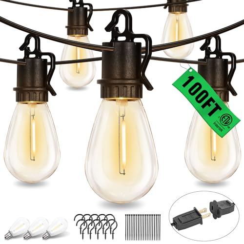 TDLOL 100FT Outdoor String Lights Waterproof, Outdoor Lights with S14 Shatterproof Bulbs, Connectable Hanging Patio Lights, IP55 Commercial Grade LED Outdoor String Lights for Outside, Patio, Bistro