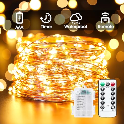 33Ft 100 LED Outdoor String Lights, Warm White Fairy Lights Battery Operated with Remote, Waterproof Twinkle Lights for Bedroom Dorm Patio Tapestry Backyard Garden Party Indoor Christmas Decoration