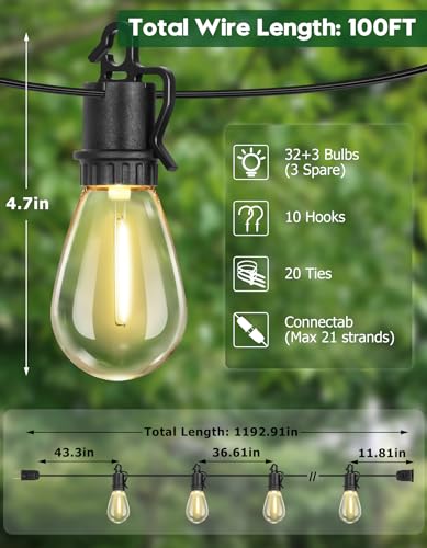 TDLOL 100FT Outdoor String Lights Waterproof, Outdoor Lights with S14 Shatterproof Bulbs, Connectable Hanging Patio Lights, IP55 Commercial Grade LED Outdoor String Lights for Outside, Patio, Bistro