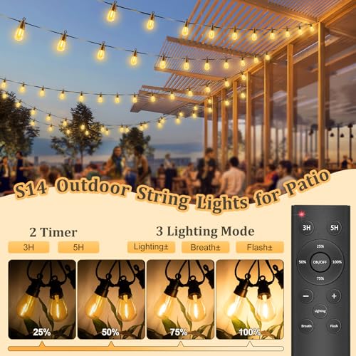 Outdoor String Lights Dimmable with Remote - 70FT Patio Hanging Lights with IP65 Waterproof & Shatterproof LED Edison Bulbs, 3 Modes 2 Timer Outside Lighting for Garden Porch Yard Gazebo Balcony