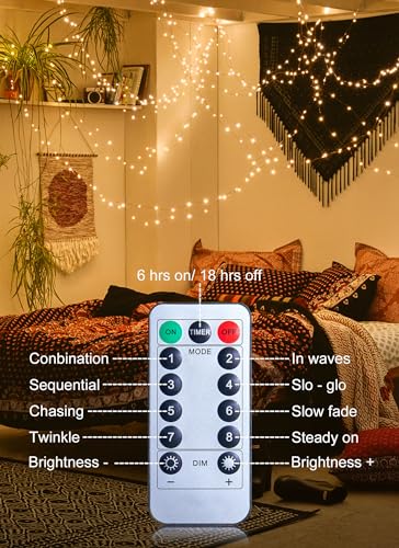 33Ft 100 LED Outdoor String Lights, Warm White Fairy Lights Battery Operated with Remote, Waterproof Twinkle Lights for Bedroom Dorm Patio Tapestry Backyard Garden Party Indoor Christmas Decoration