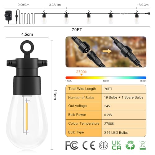 Outdoor String Lights Dimmable with Remote - 70FT Patio Hanging Lights with IP65 Waterproof & Shatterproof LED Edison Bulbs, 3 Modes 2 Timer Outside Lighting for Garden Porch Yard Gazebo Balcony