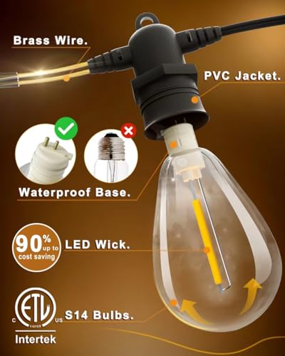 Jerritte 60FT LED Outdoor String Lights with 16+1 Edison Shatterproof IP65 Waterproof Bulbs, 2700K Dimmable Commercial Grade Patio Lights, Heavy Duty Outside Hanging Lights for Garden Porch Deck Decor