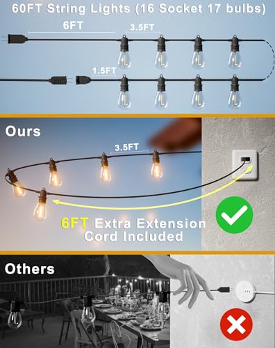 Jerritte 60FT LED Outdoor String Lights with 16+1 Edison Shatterproof IP65 Waterproof Bulbs, 2700K Dimmable Commercial Grade Patio Lights, Heavy Duty Outside Hanging Lights for Garden Porch Deck Decor