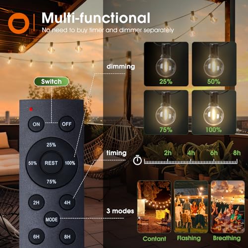 addlon 104FT(98+6) Solar String Lights Outdoor Waterproof with Remote, G40 Solar Powered String Lights with 54 LED Shatterproof Bulbs, 3 Light Modes, Dimmable Solar Lights for Outside Backyard Party