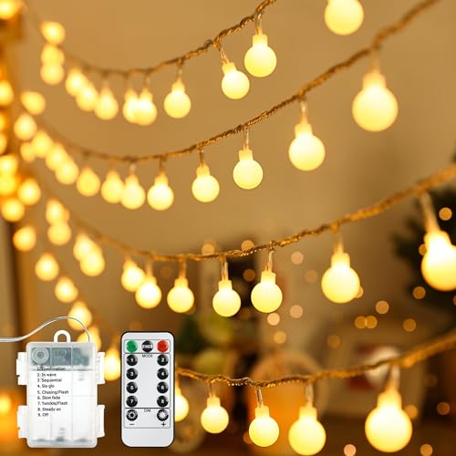 BrizLabs Globe String Lights, 2 Pack Total 120 LED Battery String Lights Warm White, 8 Mode Ball Fairy String Lights with Remote Timer Twinkle Light for Indoor Outdoor Xmas Bedroom Patio Party Wedding